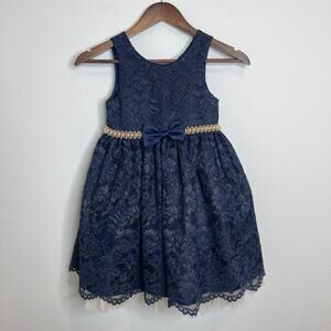 American Princess Girls Navy Gold Lace Dress Pearl Waist Bow Size 6X 7 Formal